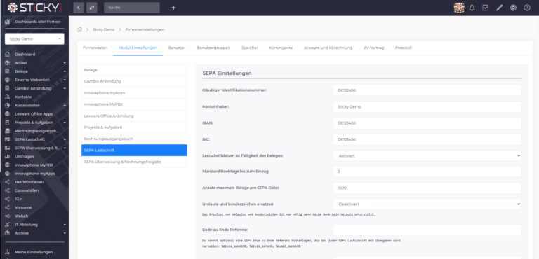 SEPA-Einstellungen mit Gläubiger-ID, Kontodaten, Banktagen und maximaler Belegzahl je Datei