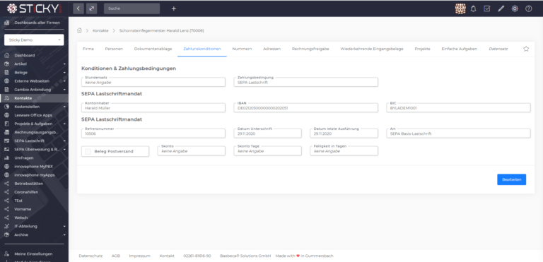 SEPA-Lastschriftmandat am Kontakt mit IBAN, Mandatsreferenz und Unterschriftsdatum